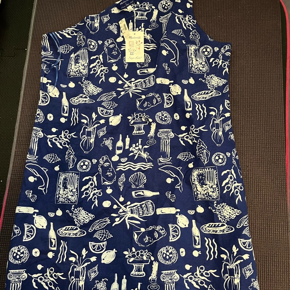 Lisa Says Gah x Madewell Navy Blue and White Patterned Dress